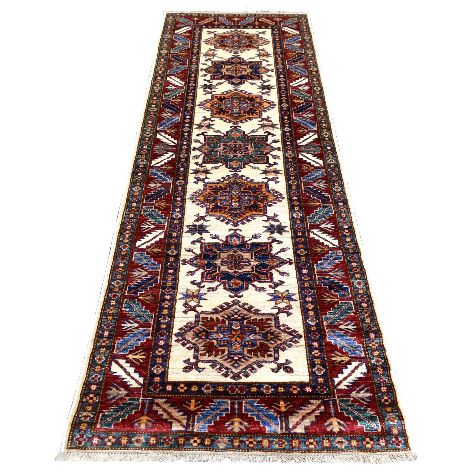 2'9"x8'6" Ivory Soft Wool Hand Knotted, Afghan Super Kazak, Natural Dyes Densely Woven, Runner Oriental Rug 
